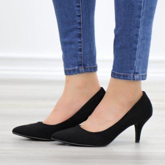 Black Suede Pointy Toe Kitten Low Heel Pumps - Picture 13 of 13